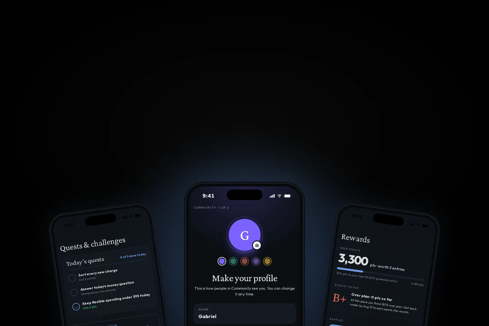 Three iPhone app screens: quests and challenges, the Community profile, and Partner Rewards.